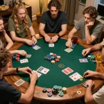 Sunwin players engaged in intense poker game night, showcasing chips and cards in cozy home setting.