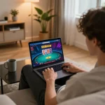 Engage in online gaming at 888now com with a cozy home setup featuring a laptop and poker interface.