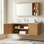 Ontdek elegante badkamerkasten in een moderne badkameromgeving met natuurlijk licht.