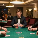 Players strategize at a luxurious poker table in a vibrant casino, featuring 5679 chips stacked high