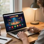 Engaging with LUCKY88 online casino on a modern laptop in a cozy setup, showcasing an intimate gaming experience.