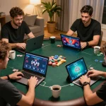 LLwin players strategizing during an online poker game in a cozy home environment.