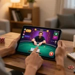 Engaging online poker gameplay with gamebai79 on a tablet, creating an inviting home atmosphere