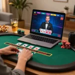 lv88 player enjoying a live dealer blackjack game at home, displaying engaging gaming scene in cozy setting