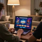 A player enjoying IWIN online casino games on a laptop in a cozy home setting, capturing focused gaming moments.