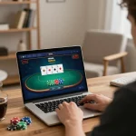 Playing an exciting online poker game on a laptop as part of the lu88yy experience in a cozy setup.