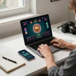 Engaging in live casino gameplay with go8 interface displayed on laptop, showcasing online gambling strategies.