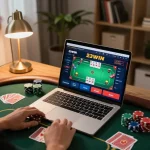Engaged player on 23WIN laptop playing poker, chips and cards in action