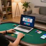 Person using laptop for online poker, showcasing vin88sa gaming strategies in a cozy setting