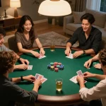 Friends enjoying a lively poker night while discussing strategies, highlighting 13WIN.