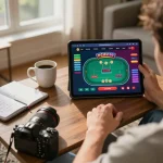 MAY88 online gaming setup in a cozy living room with vibrant poker interface and personal strategy notes