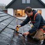 Daklekkage Deventer aanpakken met een ervaren dakdekker die een lekkend plat dak inspecteert tijdens de regen.