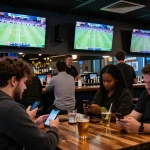 kp88 patrons excitedly placing bets during live sports events at a lively sports bar.