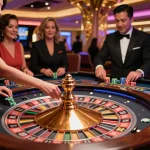 Engaged players at da88hq roulette table experience thrilling bets under vibrant casino lights.