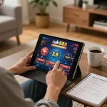 Player enjoying online casino games on Uk88 platform with a cozy home setup