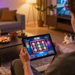 Engaged player enjoying SC88 Game on a tablet in a cozy home setting with ambient lighting.