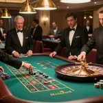 7me players engaging at a roulette table, showcasing excitement during gameplay in a luxurious casino setting