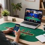 Player engaging in live dealer blackjack gaming on uk88 platform with laptop and smartphone.