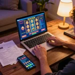Player engaged in online casino gaming with oxbet3 on laptop, showing vibrant slot game interface and strategy notes.