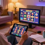 Taya777 player engaged in online slot gaming on tablet within a cozy home setup.