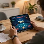 Engaging poker gameplay on 78win app with a user strategizing in a cozy home setting