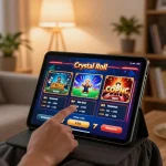 Speler die gamet op de crystalroll-eu app met levendige casinospellen in een gezellige thuisopstelling.