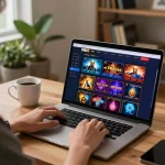 Players engaging in VB88 online casino gameplay on a laptop, capturing a modern home gaming atmosphere.