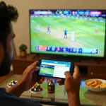 Player engaging with the Crickex app for live cricket betting at home, showcasing sports excitement