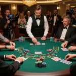 DABET players engaged in a thrilling blackjack game, showcasing strategies and excitement in a luxury casino setting.
