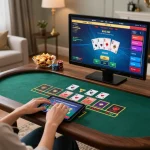 Engaging in baccarat game on fabet from a cozy home setup with stylish decor and snacks.