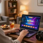 Player engaging with sp8bet online casino on laptop in cozy living room environment
