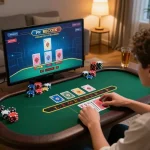 DABET player engaging with a live dealer blackjack game on tablet in a cozy home setup