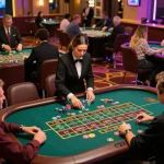 Engaged players at TR88 roulette tables placing bets amidst vibrant casino atmosphere
