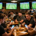 Soccer fans actively betting during live matches in a lively sports bar setting.