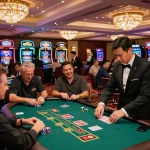 Experience the excitement of SKY88 hiện đang mở with players enjoying blackjack and roulette in a vibrant casino.
