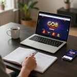 Engaged player using the GO8 casino platform on a laptop, integrating responsible gaming practices.