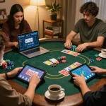 Players engage in an intense o8 online poker game at home, showcasing vibrant cards and strategic gameplay.