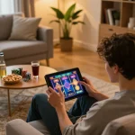 Enjoying an exciting gaming session at lc88 on a tablet in a cozy home setting.