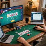 Nohu90 poker strategy session in a home office, showcasing strategic gameplay on a computer screen
