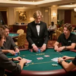 Players engaging in an intense poker game at a luxurious casino setting, showcasing the excitement of 98win9.