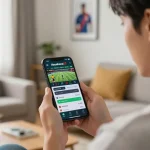 Engaged user placing strategic bets on keonhacai22 sports betting app in a modern living room.