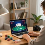 Player strategizing with SC88 poker game on laptop in cozy home office setup