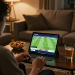 Socolive user engaged in live football streaming at home amid snacks, showcasing immersive viewing.