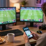 Engaging sports betting scene featuring a person using kèo nhà cái app on a smartphone with live football matches displayed on screens.