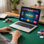TWIN68 poker gameplay displayed on a laptop, highlighting strategy in comfortable home setting