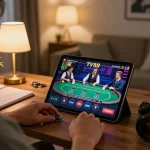 Engaged player enjoying a TV88 game on tablet, showcasing online gambling excitement and strategy in a cozy home.