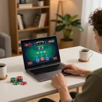 TOP88 player engaging in online poker gaming from home, showcasing accurate gameplay interface and relaxing environment