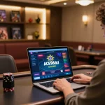 Engaged player enjoying poker on Ace96au platform from a stylish modern desk.