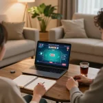 Vin88 player strategizing during online poker session in a cozy living room setting.