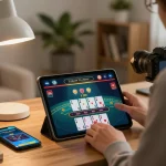 Engaged player using sc88e app for live dealer game on tablet, surrounded by cozy decor.